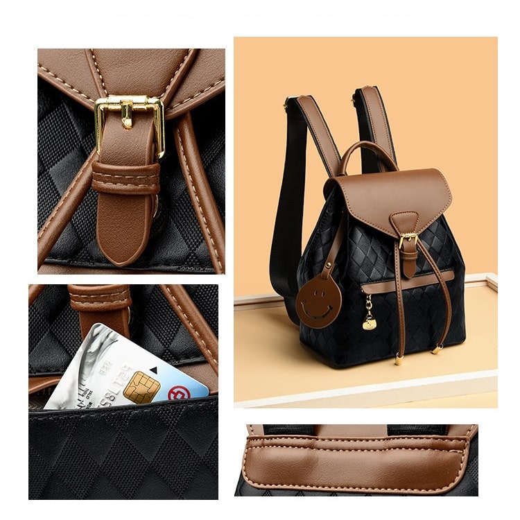Women's Mini Backpack Rucksack Drawstring Closure and Diamond Quilted Faux Leather - Image 4
