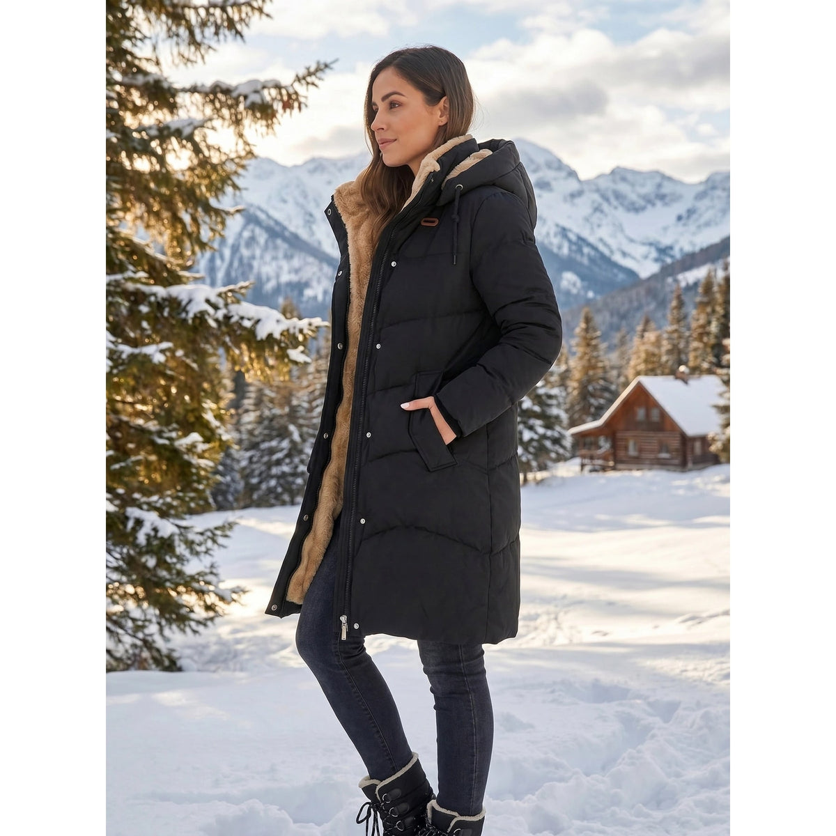 Women's Puffer Coat with Sherpa-Lined Hood and Quilted Design - Image 8