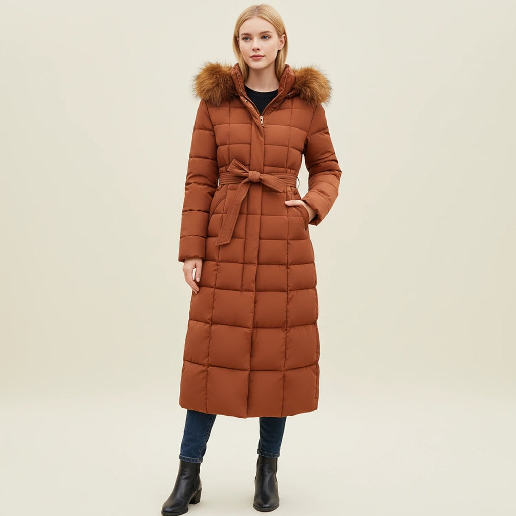 Women's Puffer Jacket Long with Faux Fur Hood Quilted Belted Winter Coat - Image 1