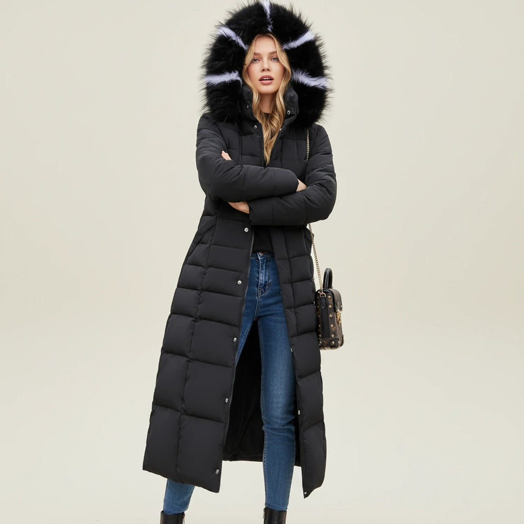 Women's Puffer Jacket Long with Faux Fur Hood Quilted Belted Winter Coat - Image 2