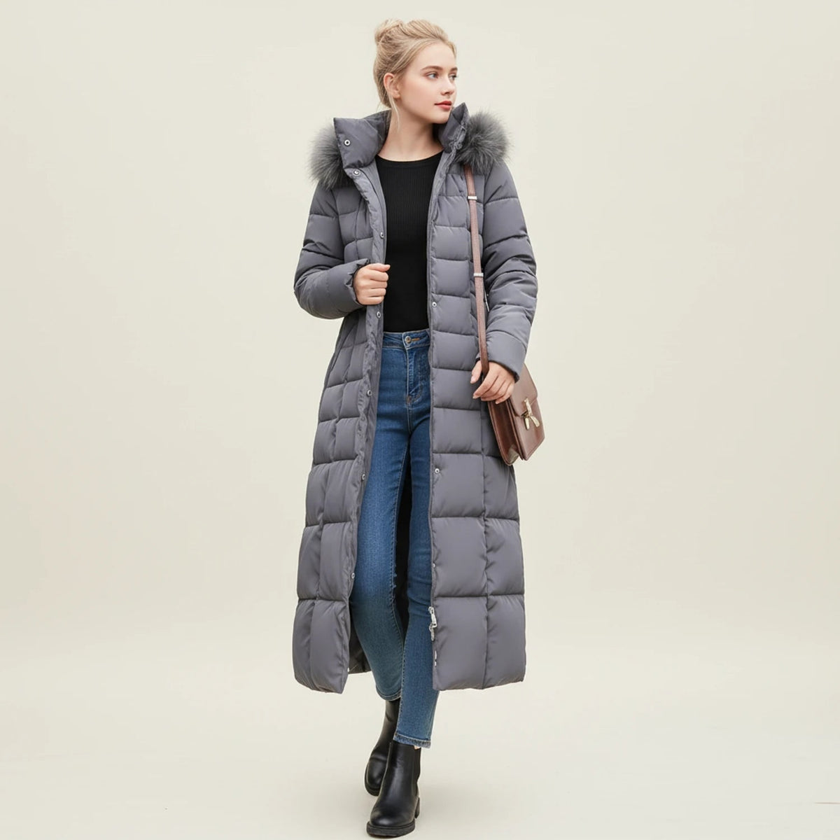Women's Puffer Jacket Long with Faux Fur Hood Quilted Belted Winter Coat - Image 3