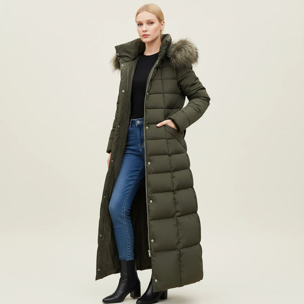 Women's Puffer Jacket Long with Faux Fur Hood Quilted Belted Winter Coat - Image 4