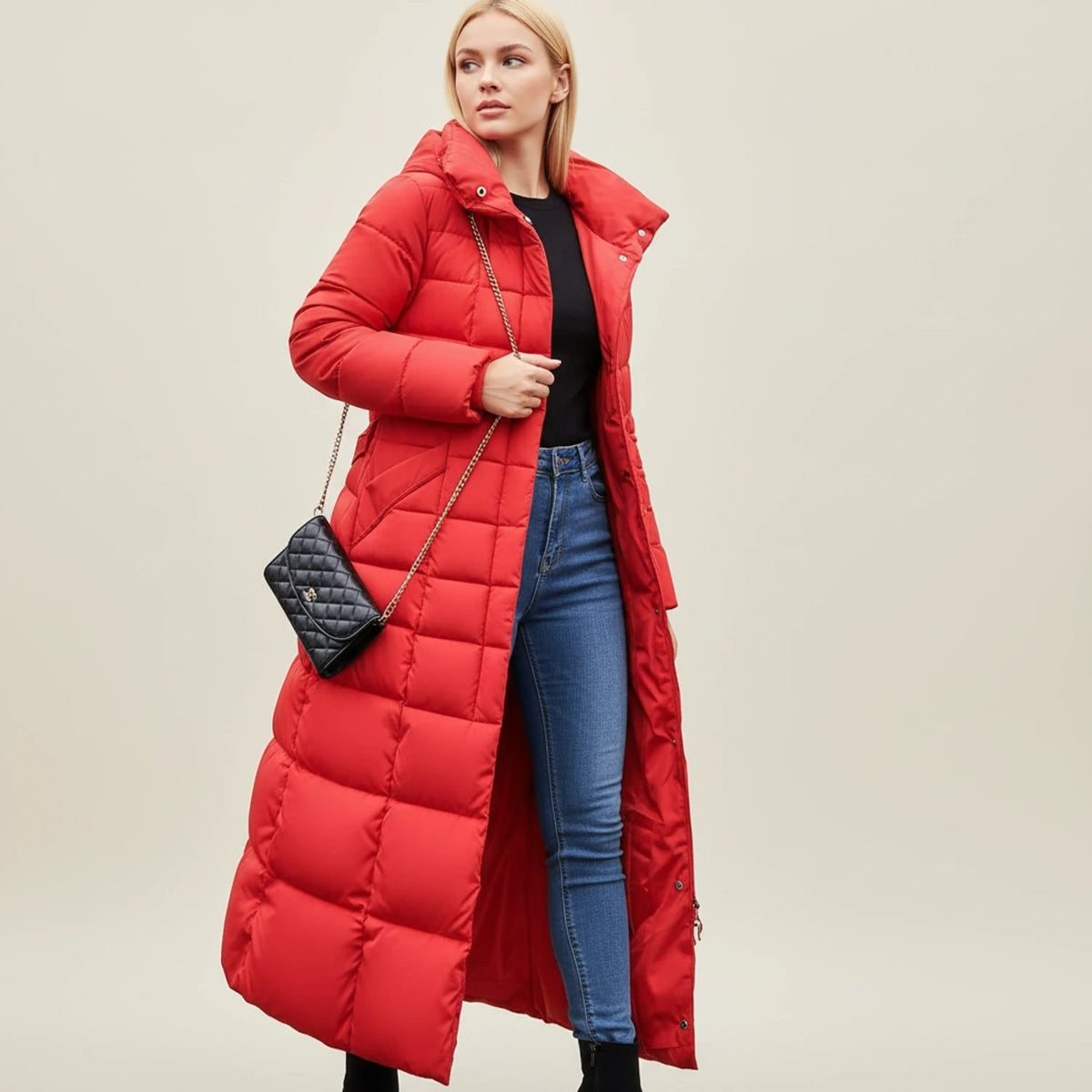 Women's Puffer Jacket Long with Faux Fur Hood Quilted Belted Winter Coat - Image 5