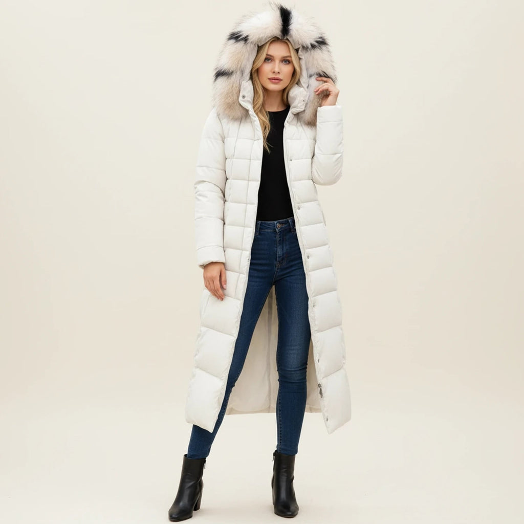 Women's Puffer Jacket Long with Faux Fur Hood Quilted Belted Winter Coat - Image 6