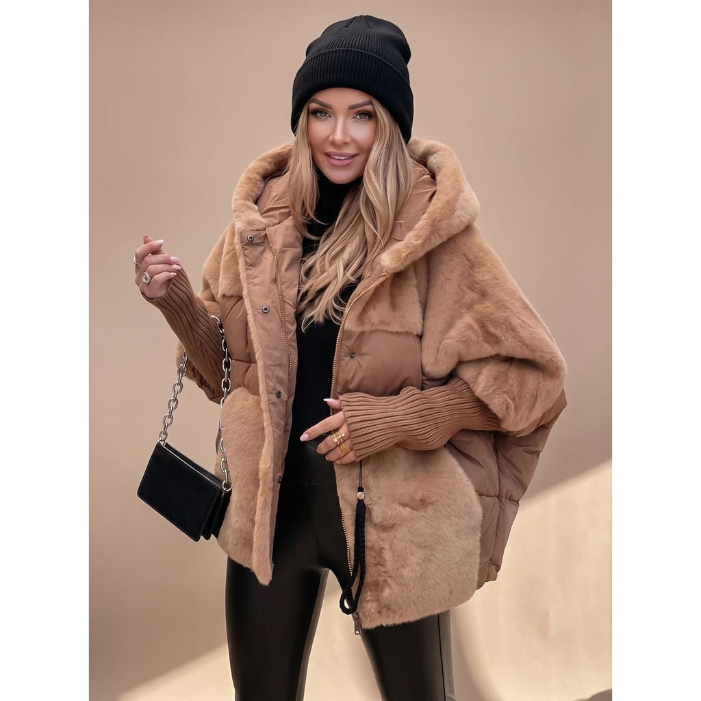Women's Puffer Jacket with Faux Fur Panels and Hooded Quilted Winter Design - Image 1