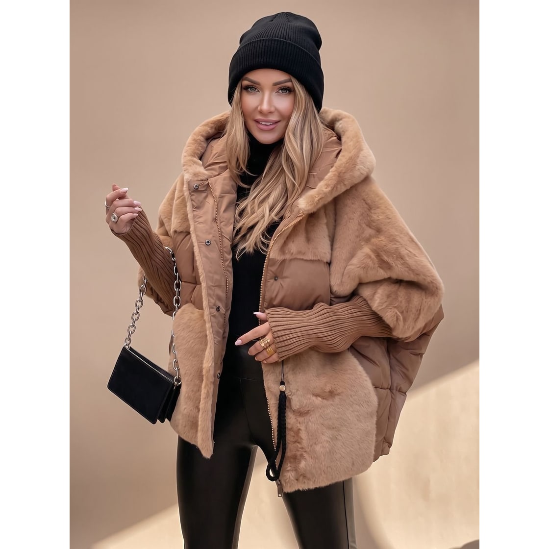 Women's Puffer Jacket with Faux Fur Panels and Hooded Quilted Winter Design - Image 1
