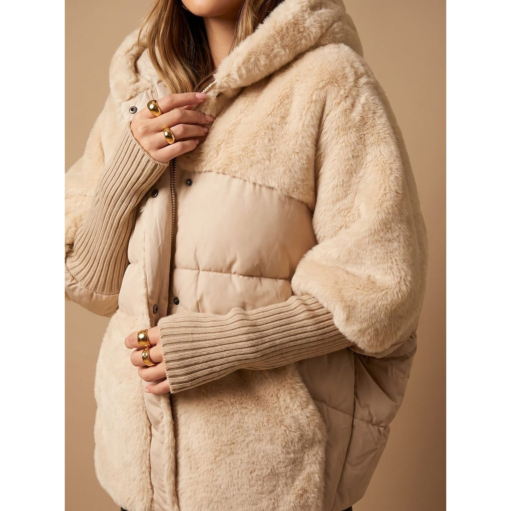 Women's Puffer Jacket with Faux Fur Panels and Hooded Quilted Winter Design - Image 2