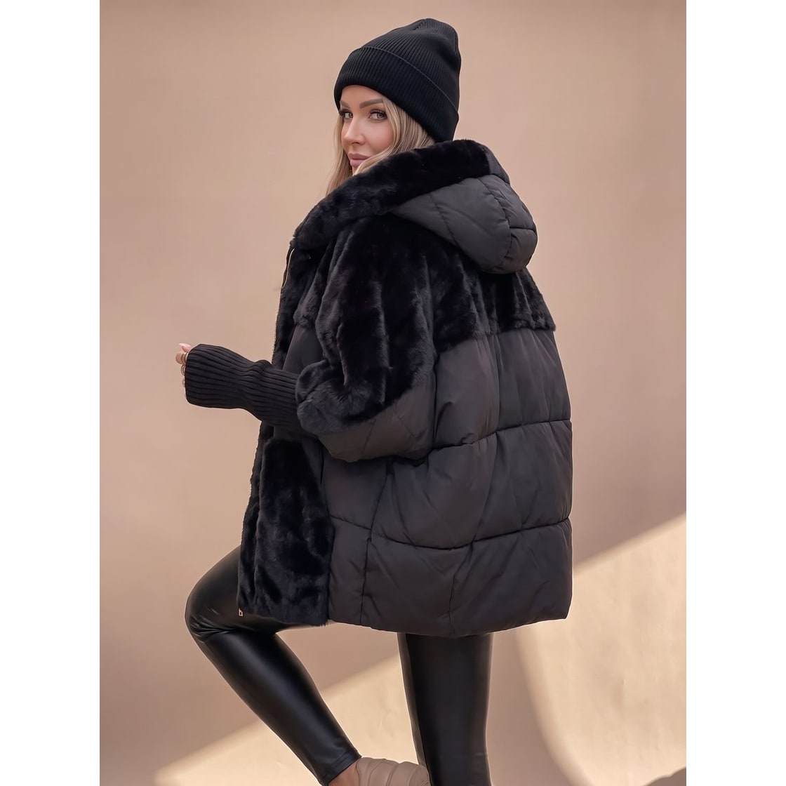 Women's Puffer Jacket with Faux Fur Panels and Hooded Quilted Winter Design - Image 3