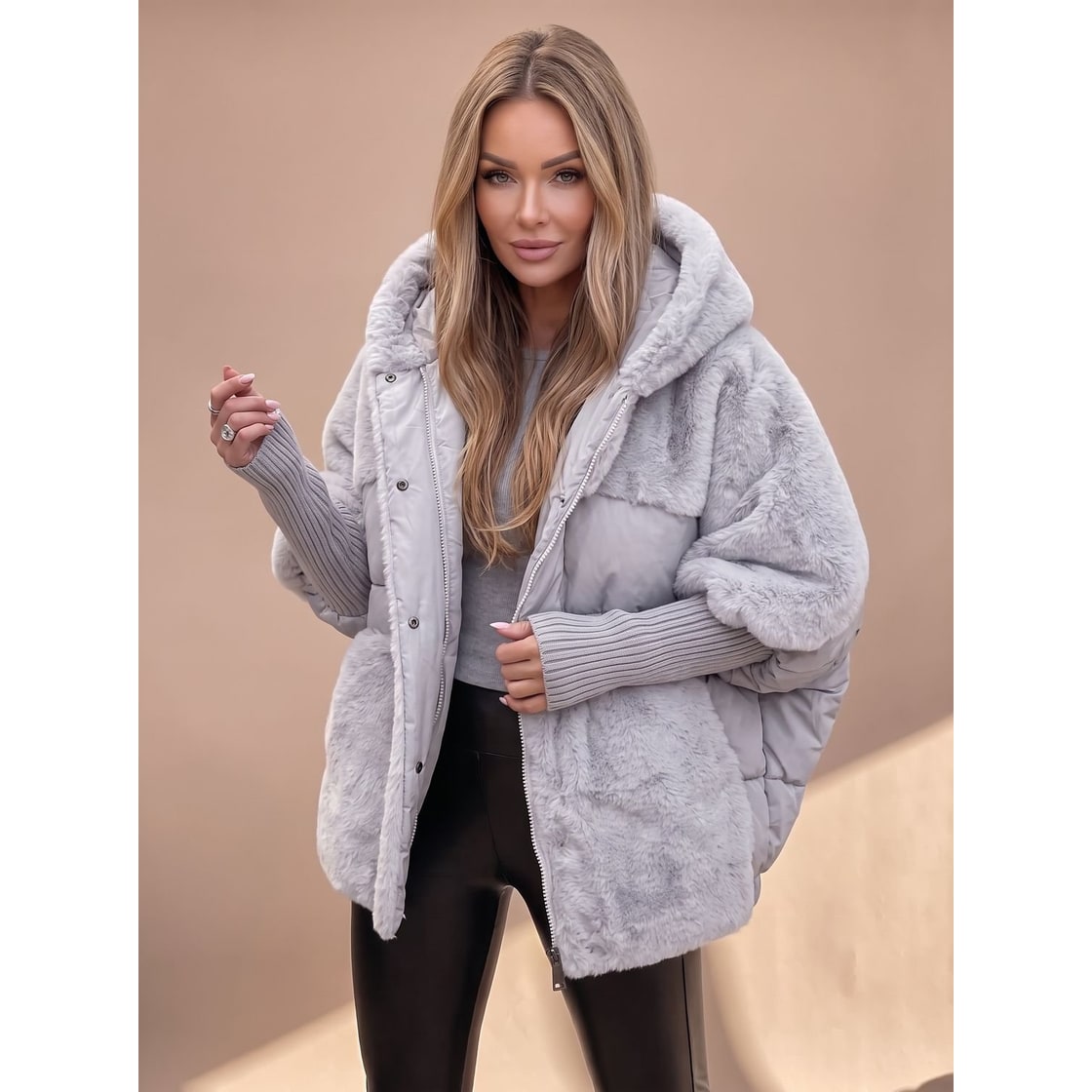 Women's Puffer Jacket with Faux Fur Panels and Hooded Quilted Winter Design - Image 4