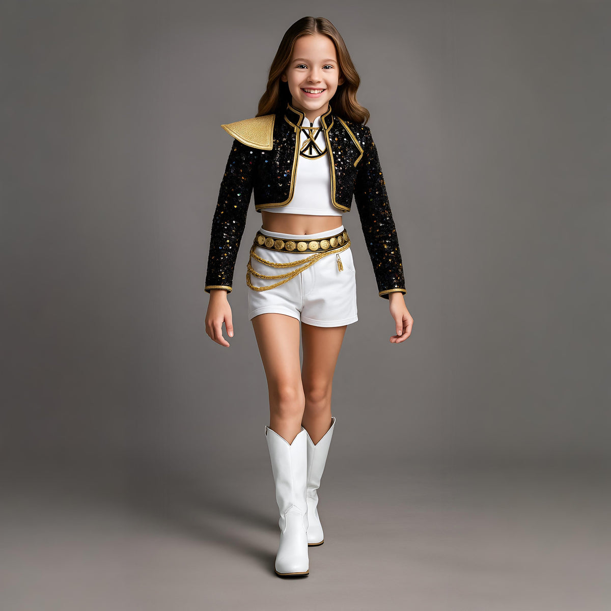 Women's Sequin Belly Dancer Dance Costume with Glittering Crop Jacket Shorts and Gold Chain Belt - Image 1