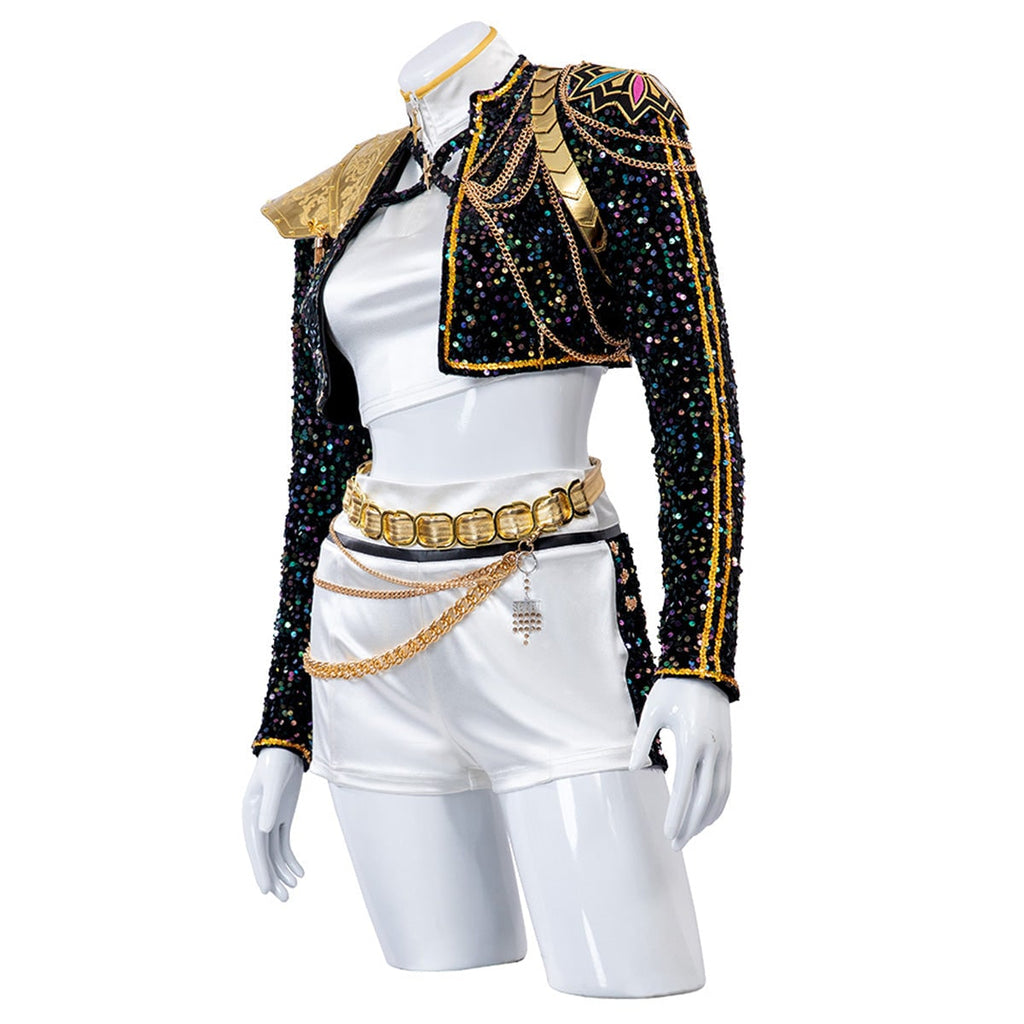 Women's Sequin Belly Dancer Dance Costume with Glittering Crop Jacket Shorts and Gold Chain Belt - Image 14