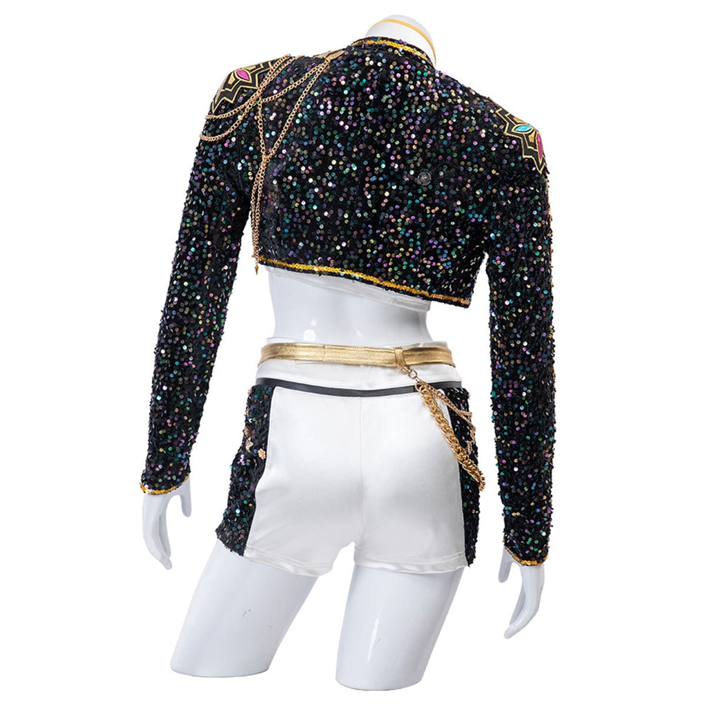 Women's Sequin Belly Dancer Dance Costume with Glittering Crop Jacket Shorts and Gold Chain Belt - Image 15