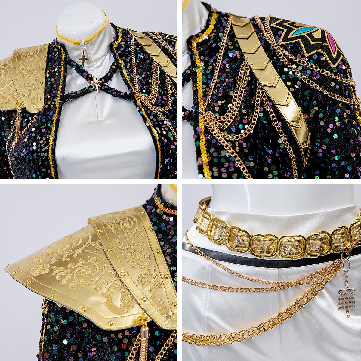 Women's Sequin Belly Dancer Dance Costume with Glittering Crop Jacket Shorts and Gold Chain Belt - Image 16
