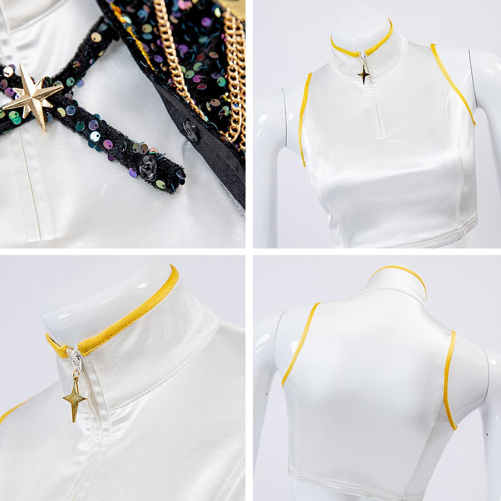 Women's Sequin Belly Dancer Dance Costume with Glittering Crop Jacket Shorts and Gold Chain Belt - Image 19