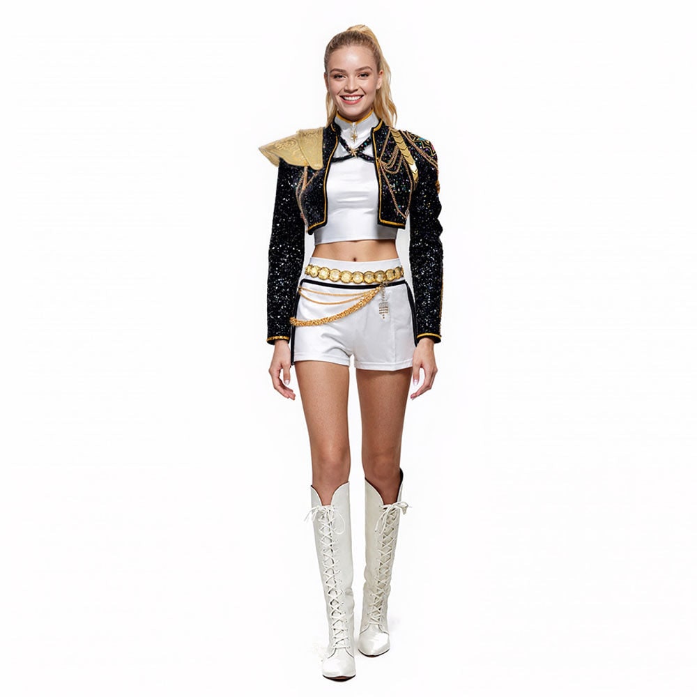 Women's Sequin Belly Dancer Dance Costume with Glittering Crop Jacket Shorts and Gold Chain Belt - Image 5