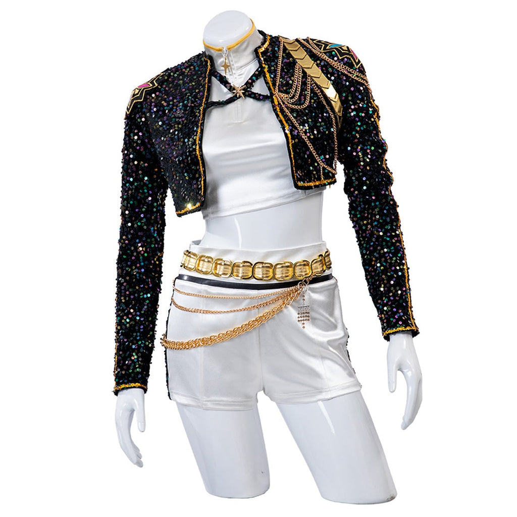 Women's Sequin Belly Dancer Dance Costume with Glittering Crop Jacket Shorts and Gold Chain Belt - Image 6