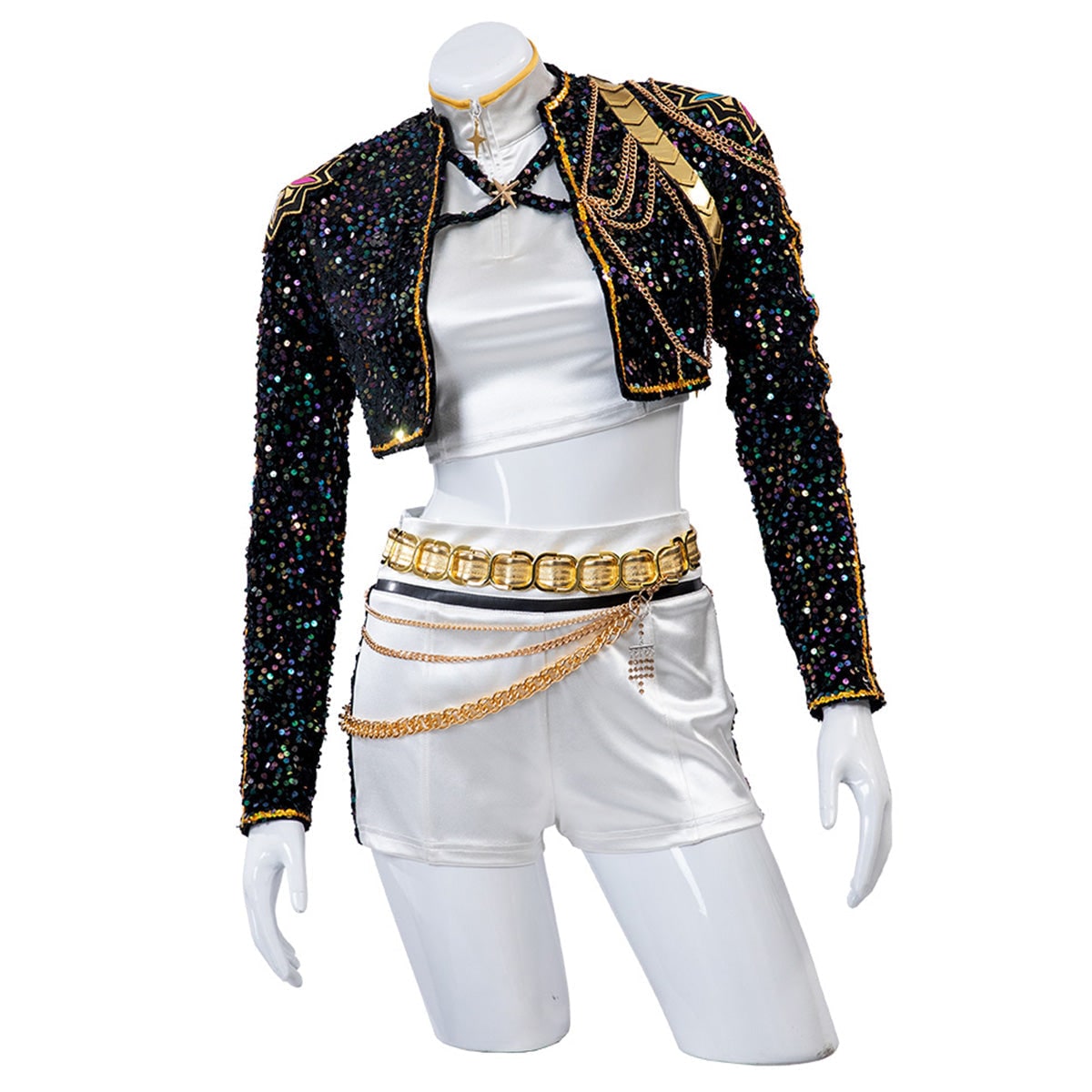 Women's Sequin Belly Dancer Dance Costume with Glittering Crop Jacket Shorts and Gold Chain Belt - Image 6