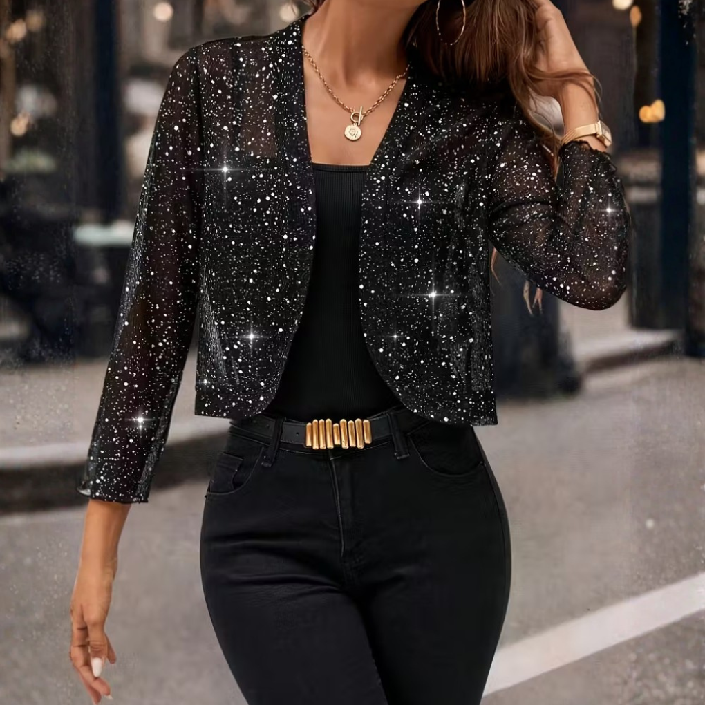 Women's Sequin Cropped Shrug Cardigan with Sheer Mesh and All-Over Glitter - Image 2