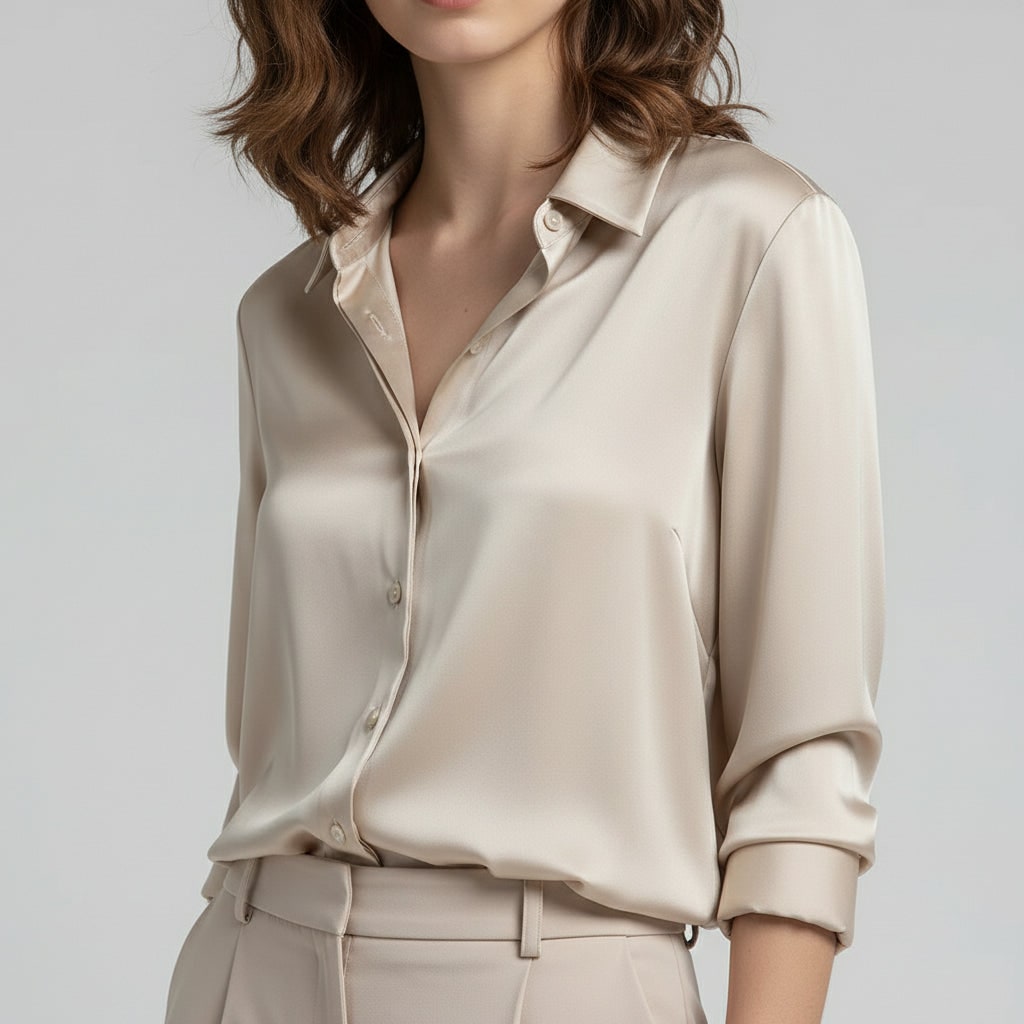 Women's Silk Blouse with Long Sleeves Button Down Satin Pointed Collar - Image 1