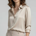 Women's Silk Blouse with Long Sleeves Button Down Satin Pointed Collar - Image 1