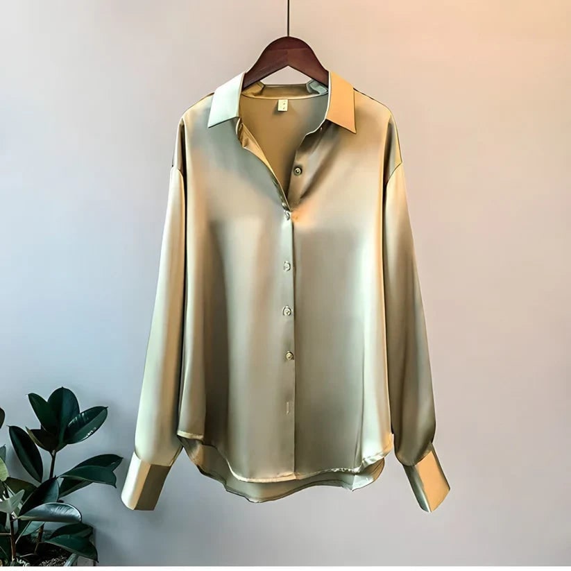 Women's Silk Blouse with Long Sleeves Button Down Satin Pointed Collar - Image 2