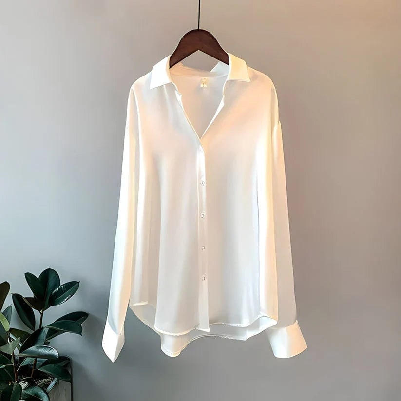Women's Silk Blouse with Long Sleeves Button Down Satin Pointed Collar - Image 4