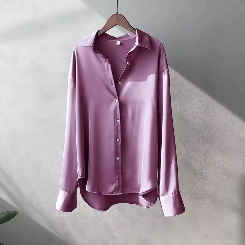 Women's Silk Blouse with Long Sleeves Button Down Satin Pointed Collar - Image 5