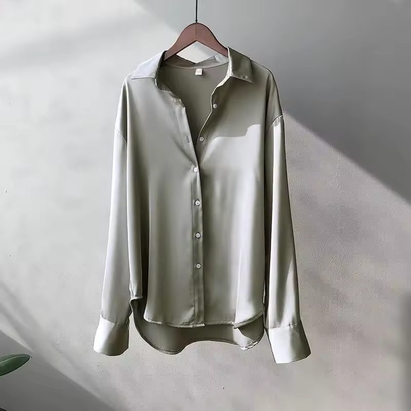 Women's Silk Blouse with Long Sleeves Button Down Satin Pointed Collar - Image 6