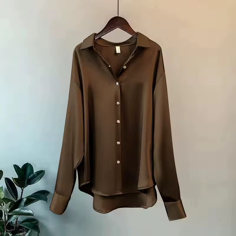 Women's Silk Blouse with Long Sleeves Button Down Satin Pointed Collar - Image 7