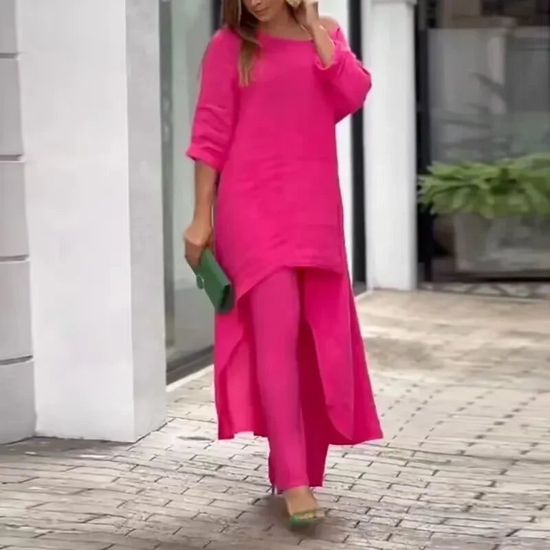 Women's Two Piece Set Pants Linen Wide Leg Tunic Asymmetrical - Image 2