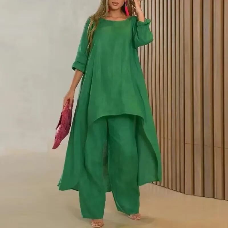 Women's Two Piece Set Pants Linen Wide Leg Tunic Asymmetrical - Image 3