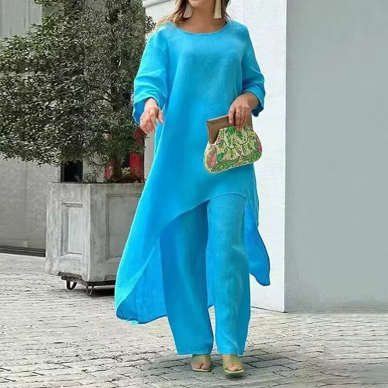 Women's Two Piece Set Pants Linen Wide Leg Tunic Asymmetrical - Image 4