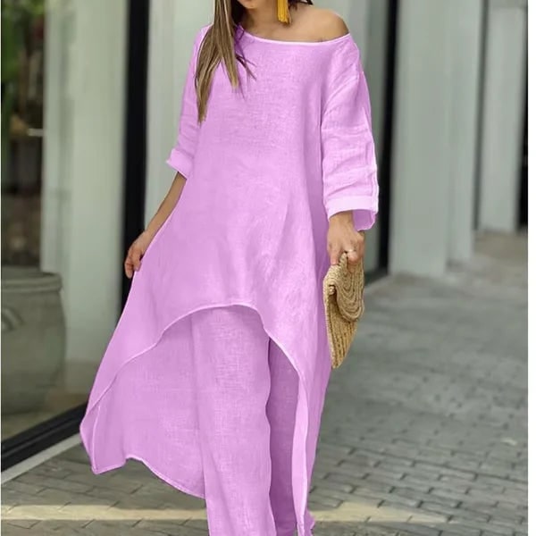 Women's Two Piece Set Pants Linen Wide Leg Tunic Asymmetrical - Image 5