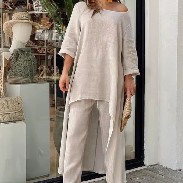 Women's Two Piece Set Pants Linen Wide Leg Tunic Asymmetrical - Image 6