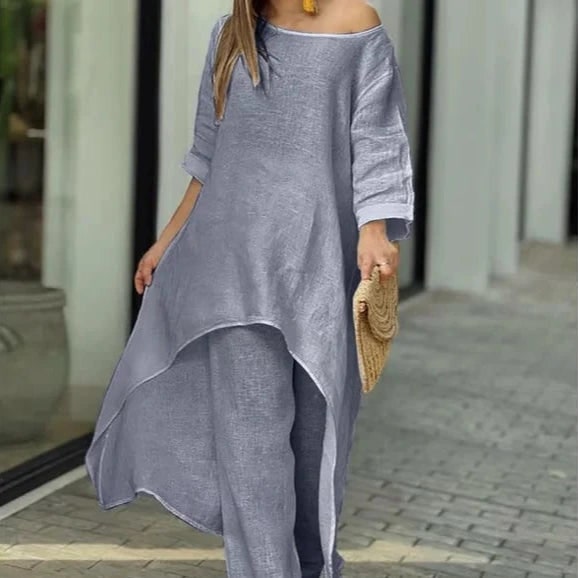 Women's Two Piece Set Pants Linen Wide Leg Tunic Asymmetrical - Image 7