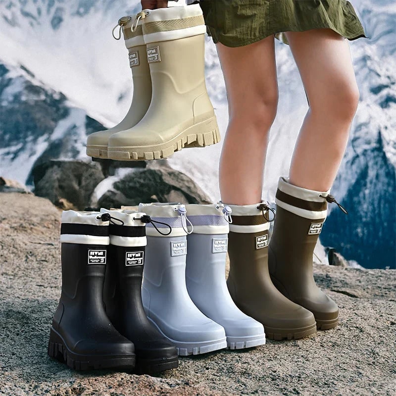 Women's Waterproof Rain Boots with Drawstring Collar and Chunky Lug Sole - Image 17