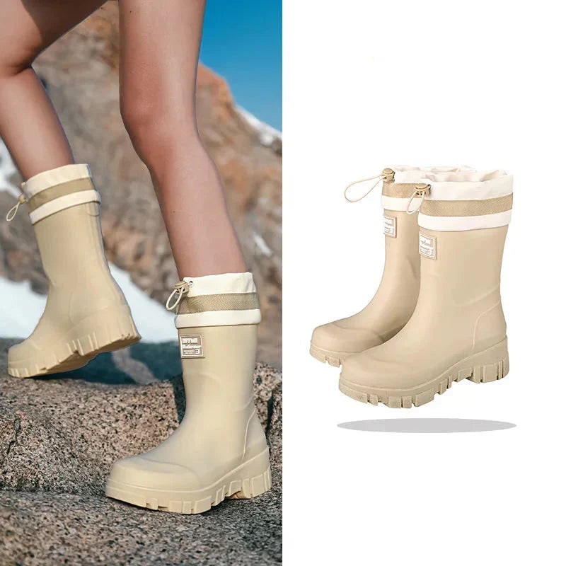 Women's Waterproof Rain Boots with Drawstring Collar and Chunky Lug Sole - Image 2