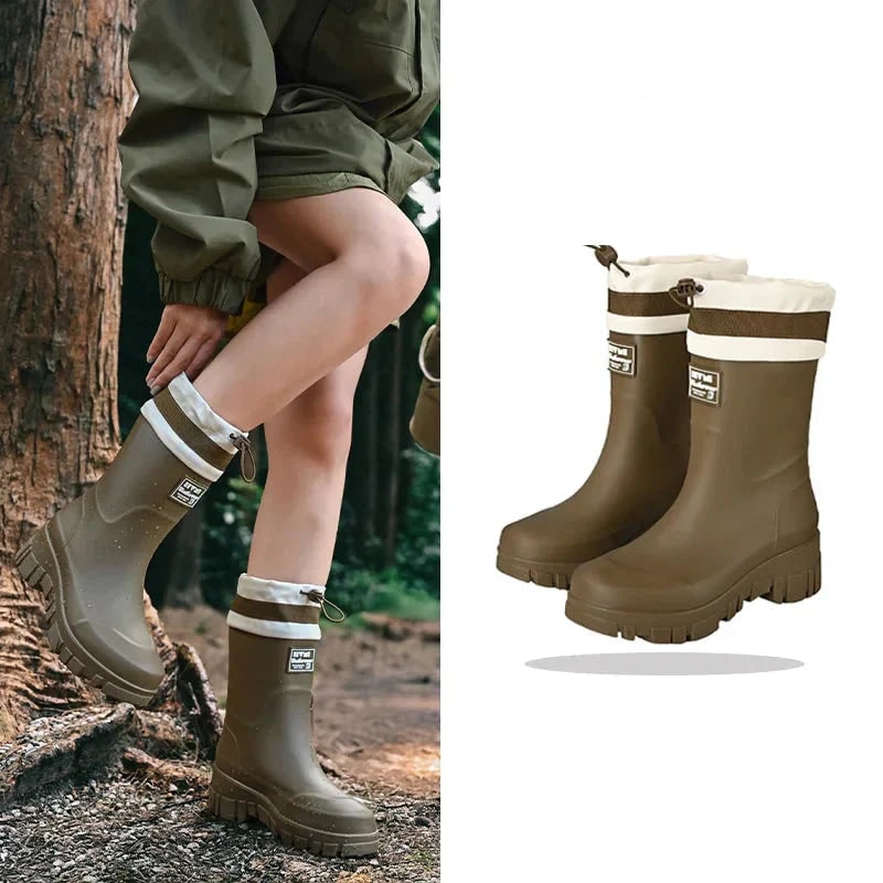 Women's Waterproof Rain Boots with Drawstring Collar and Chunky Lug Sole - Image 5