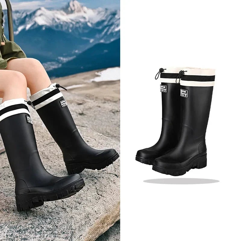 Women's Waterproof Rain Boots with Drawstring Collar and Chunky Lug Sole - Image 7