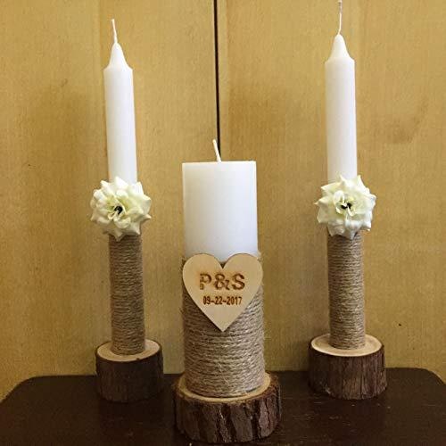 Wooden Candle Holders and Stand Set of 3 with Rustic Wood Slice Design for Taper and Pillar - Image 1