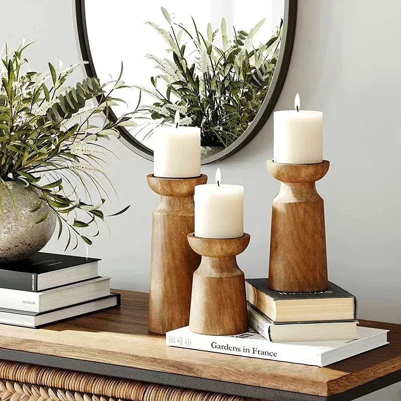 Wooden Candle Holders Set of 3 with Turned Wood Pillar Design and Graduated Heights - Image 1