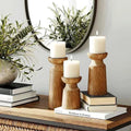 Wooden Candle Holders Set of 3 with Turned Wood Pillar Design and Graduated Heights - Image 1