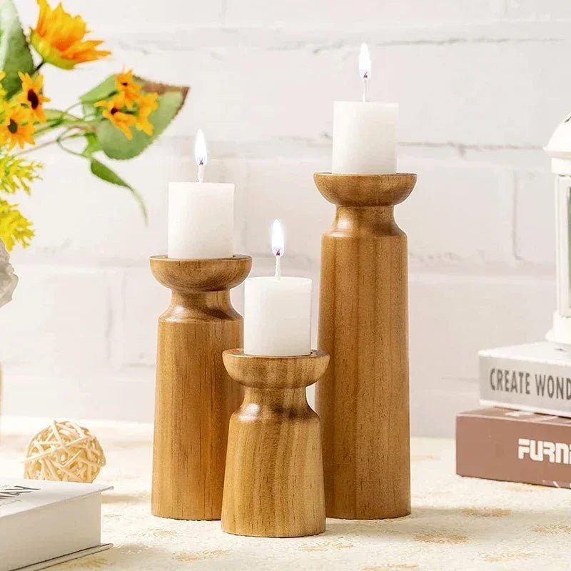 Wooden Candle Holders Set of 3 with Turned Wood Pillar Design and Graduated Heights - Image 2