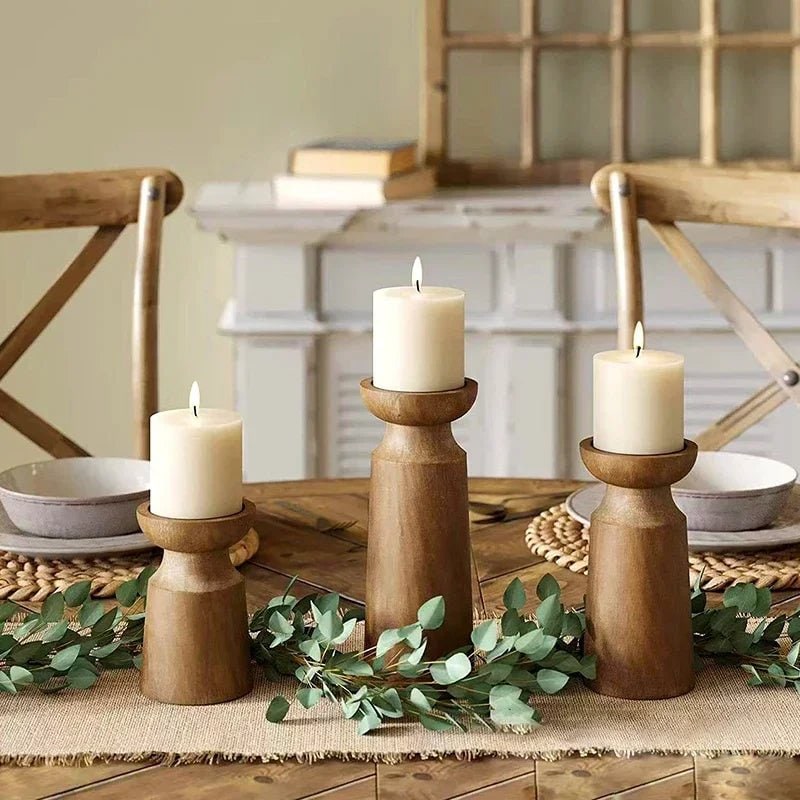 Wooden Candle Holders Set of 3 with Turned Wood Pillar Design and Graduated Heights - Image 3