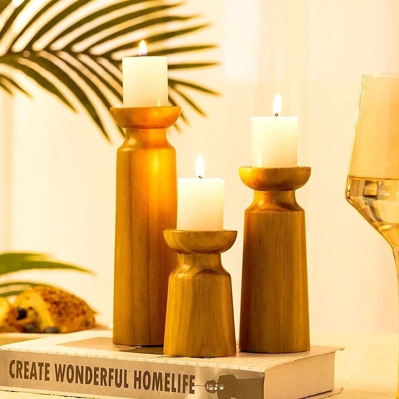 Wooden Candle Holders Set of 3 with Turned Wood Pillar Design and Graduated Heights - Image 4