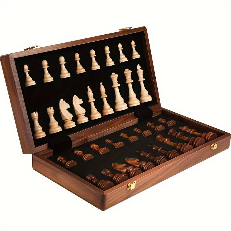 Wooden Chess Set with Folding Board Pieces and Interior Storage Slots Marble - Image 1