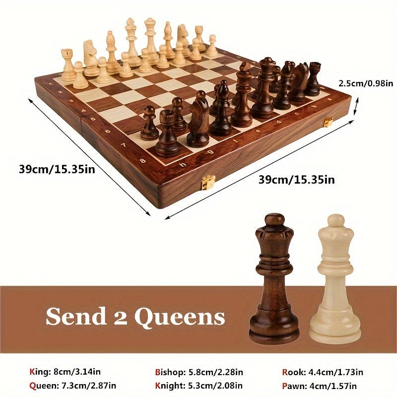 Wooden Chess Set with Folding Board Pieces and Interior Storage Slots Marble - Image 2