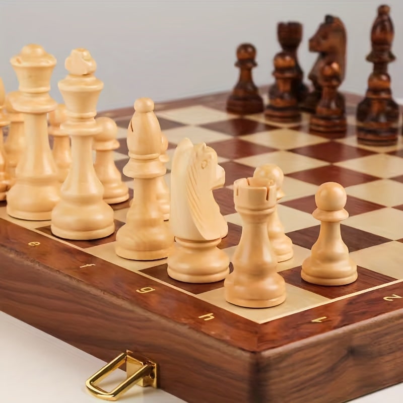 Wooden Chess Set with Folding Board Pieces and Interior Storage Slots Marble - Image 4