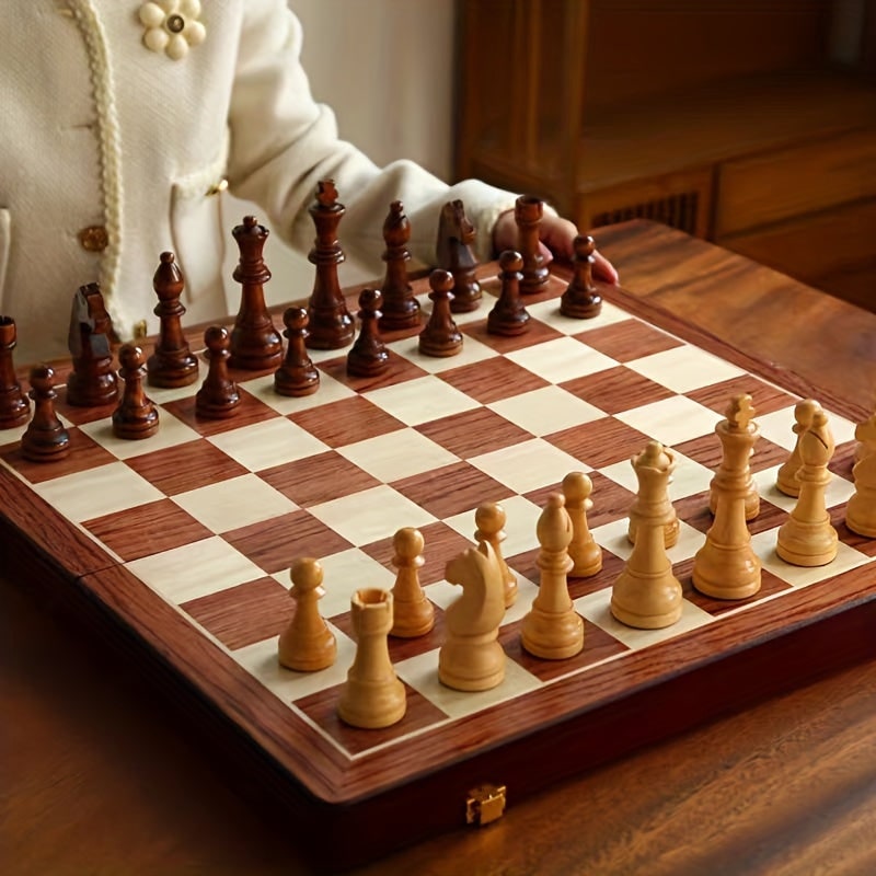 Wooden Chess Set with Folding Board Pieces and Interior Storage Slots Marble - Image 5