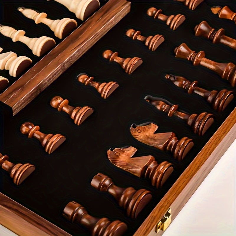 Wooden Chess Set with Folding Board Pieces and Interior Storage Slots Marble - Image 6